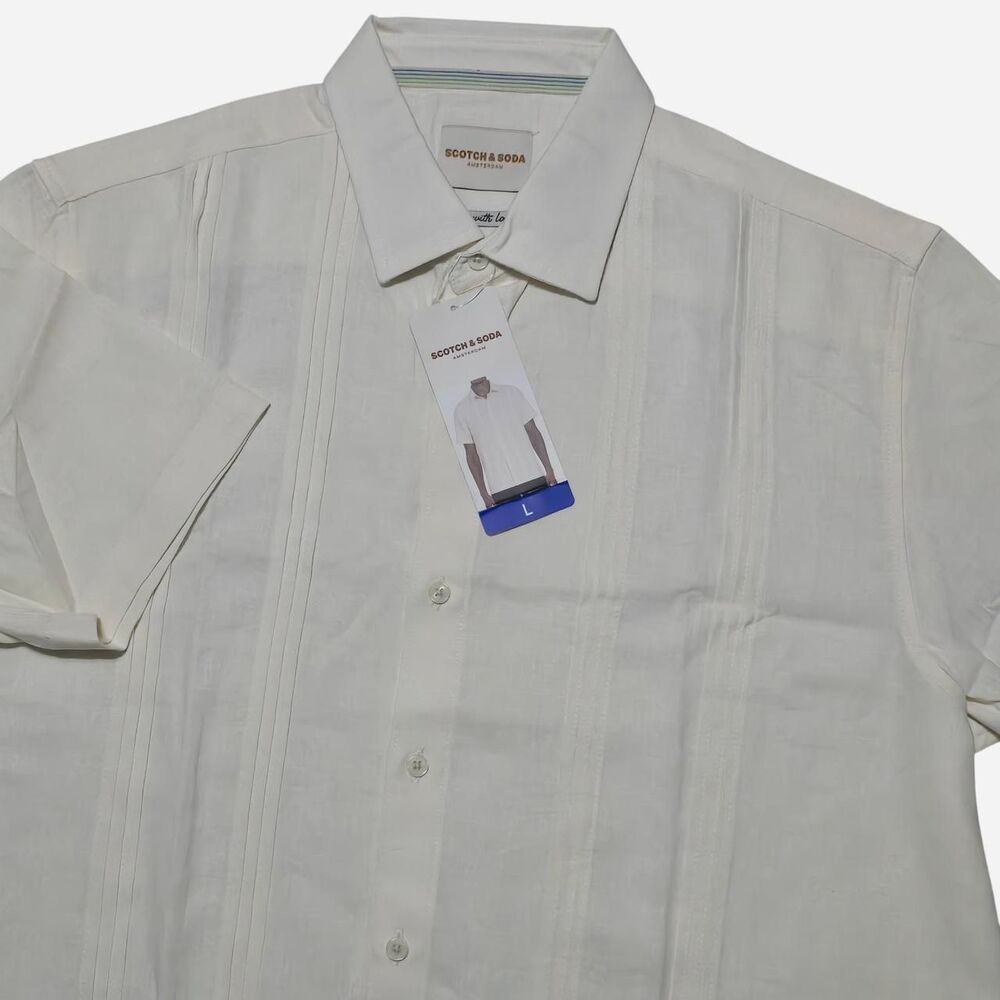 NWT - SCOTCH & SODA Men's Large Linen-Blend Pintuck Guayabera Off White Button U